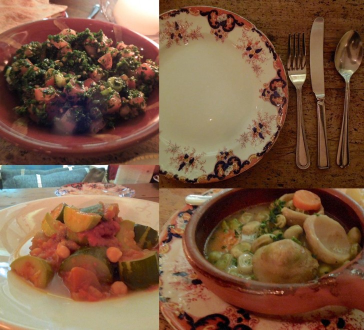 パセリとトマトのタボウル（左上）、アーティチョークと空豆（右下）、そしてモロッコのタジーン風のクスクスが敷かれた野菜のムサカ（左下）