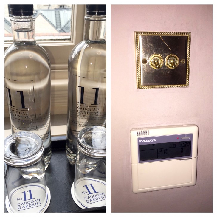 全室にミネラルウォーターボトル（炭酸入り、なし1本ずつ）の嬉しいサービス（左）と冷暖房完備　（右）